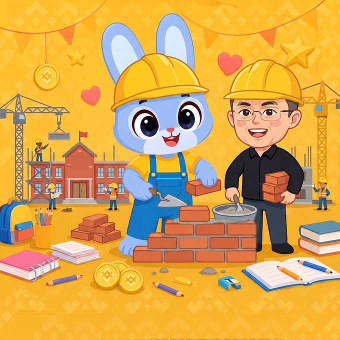 A cheerful blue bunny and a friendly construction worker wearing yellow hard hats lay bricks together, surrounded by building tools, books, school supplies, and coins on a bright yellow background with cranes and a school building behind them. The image visually reinforces the message of community-driven construction and growth, depicting collaborative building—both literal and educational—as a shared purpose.