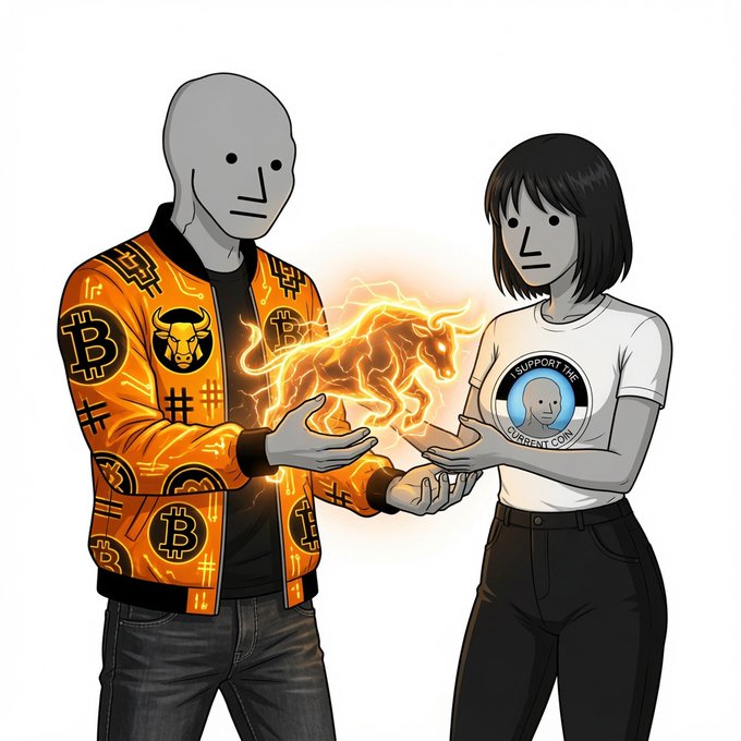 A digital illustration of two faceless figures, one wearing an orange Bitcoin-themed jacket and the other wearing a 'I SUPPORT THE CURRENT COIN' t-shirt, exchanging a glowing bull.