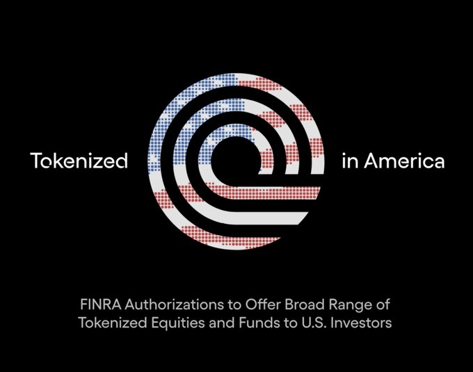 A stylized "@" logo filled with an American flag pattern centers the image, flanked by the text "Tokenized @in America" and subtitled "FINRA Authorizations to Offer Broad Range of Tokenized Equities and Funds to U.S. Investors." The graphic visually represents Ondo Finance's milestone of bringing FINRA-authorized, SEC-regulated tokenized stocks and ETFs to U.S. investors through its broker-dealer subsidiary Oasis Pro Markets.