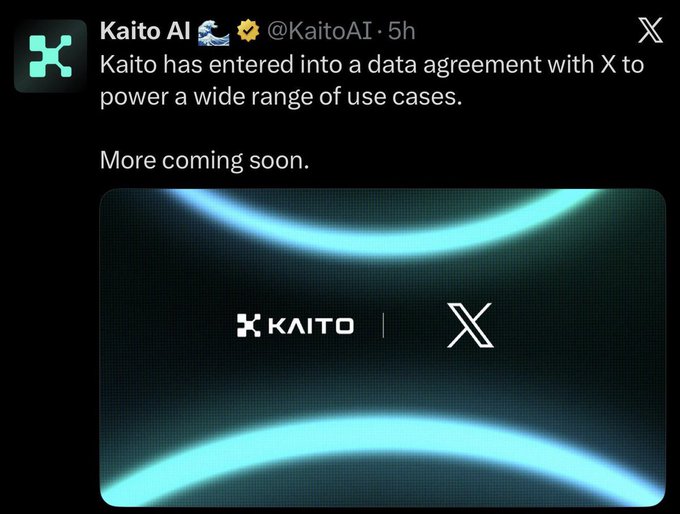 A social media post from Kaito AI (@KaitoAI) announcing a data agreement with X to 'power a wide range of use cases,' accompanied by an image displaying the Kaito and X logos.