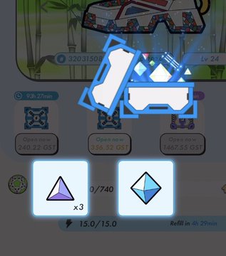 The image shows an app interface with a focus on the "Open Now" option for a new item or a special offer, as well as other items that might interest the user like triangular puzzles. A blue light appears above the left side of the screen where two unique diamond shapes are displayed within a container. The post also includes text providing information about a special challenge at the bottom of the image, and it shows a time on the right side of the screen indicating when the challenge starts at 2:15 pm.