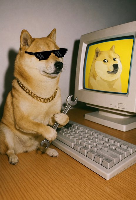 AI-generated image of a Shiba Inu dog wearing pixelated sunglasses and a gold chain, holding a wrench next to an old computer displaying a doge meme.
