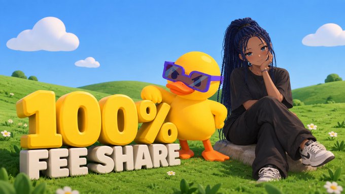 A promotional image showing a stylized character sitting next to a duck wearing sunglasses with large text reading '100% FEE SHARE' in a grassy landscape.