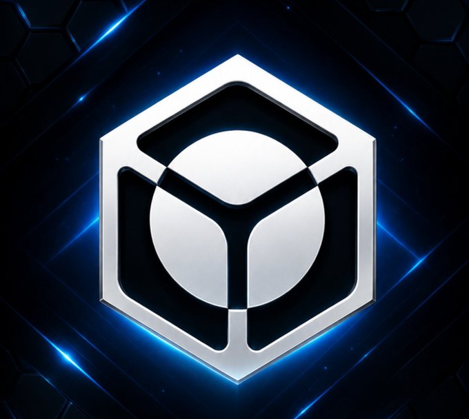 A metallic silver hexagonal logo with a stylized 'Y' or cubic design inside, set against a dark blue background with glowing light streaks.