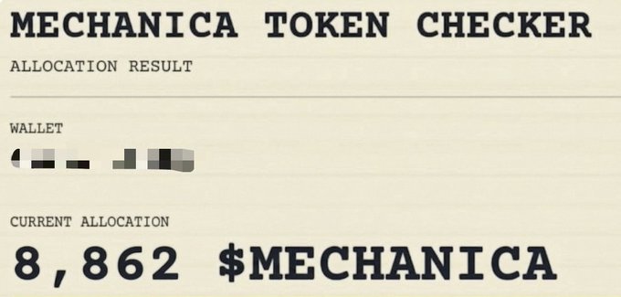 A beige digital receipt or token allocation screen titled 'MECHANICA TOKEN CHECKER' showing a partially redacted wallet address and a 'CURRENT ALLOCATION' of 8,862 $MECHANICA tokens.