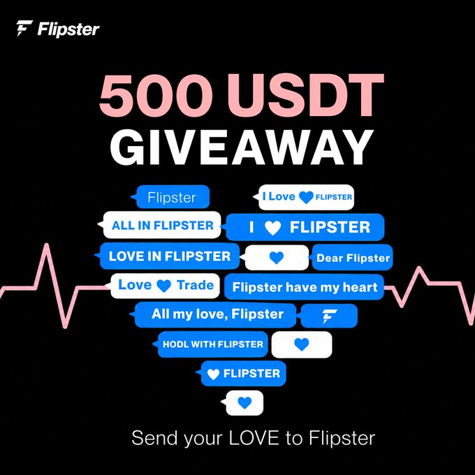 A Flipster promotional graphic advertising a "500 USDT GIVEAWAY" with various love-themed message bubbles in blue and white arranged in a heart shape.