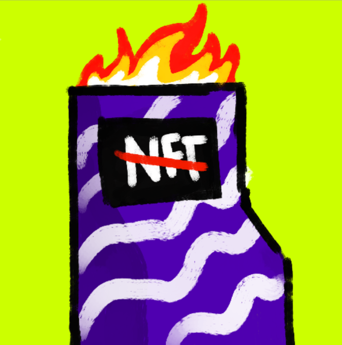 A stylized digital illustration of a purple lighter with white wavy patterns, topped with flames, displaying 'NFT' with a red strike-through, set against a bright yellow-green background.