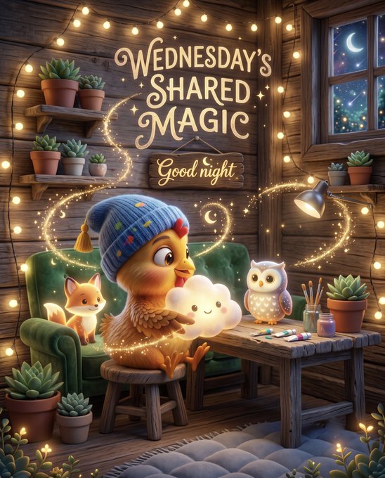 A whimsical digital illustration of a cozy wooden room at night featuring a chick in a blue knit hat holding a smiling cloud, alongside a fox and owl, with the title 'Wednesday's Shared Magic' and a 'Good night' sign illuminated by string lights.