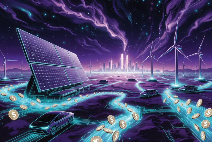 The image features a futuristic cityscape with numerous wind turbines and solar panels generating clean energy. The city's infrastructure includes a network of roads and highways that connect various parts of the city. The scene also includes several cars, including one car driving through a tunnel in front of a large solar panel. The overall atmosphere is vibrant and futuristic, reflecting the advancements in technology and sustainable energy solutions.