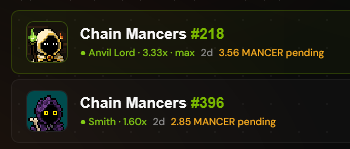 The image shows two Mancer NFT listings: Chain Mancers #218 by Anvil Lord at 3.33x max with 3.56 Mancer pending, and Chain Mancers #396 by Smith at 1.60x with 2.85 Mancer pending. The listings visually support the post's excitement about upgrading a Mancer NFT to top tier status, with one of the visible NFTs reflecting the user's tier achievement.