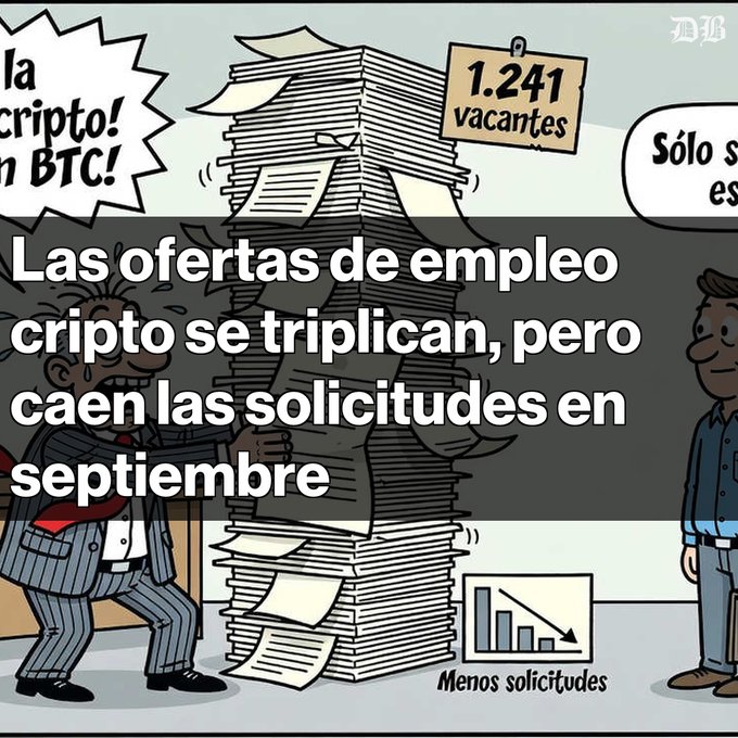 A Spanish-language crypto news illustration showing overwhelmed job applicants, text reading 'Las ofertas de empleo cripto se triplican, pero caen las solicitudes en septiembre', with a sign showing '1.241 vacantes'.