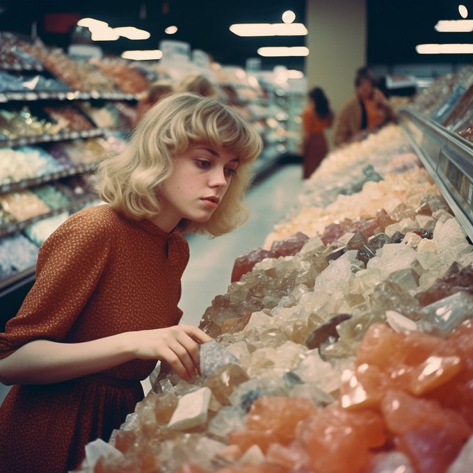 A vintage-style photograph of a blonde woman in a brown polka-dot dress looking thoughtfully at a long display of colorful crystals and gemstones inside a shop.