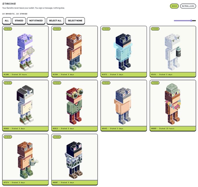 A screenshot of a staking interface displaying 10 pixel-art Bored Ape-style NFTs (bandits) in various styles and colors, each marked as 'STAKED' for durations ranging from 23 hours to 3 days.