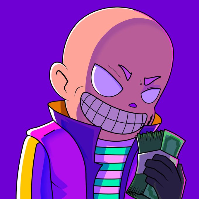 A cartoon illustration of a bald, grinning character in a purple and pink jacket holding a stack of cash, set against a purple background.