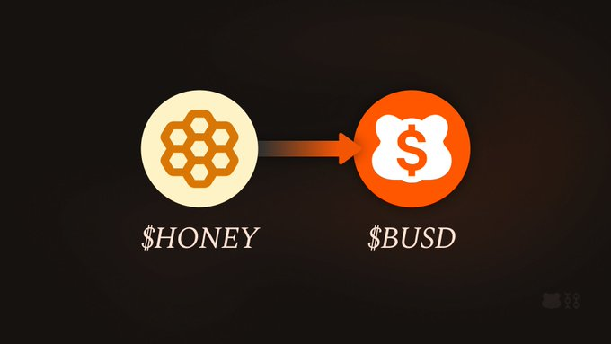 An infographic shows a conversion from a hexagonal coin labeled '$HONEY' to a bear-shaped coin labeled '$BUSD' with an arrow between them.