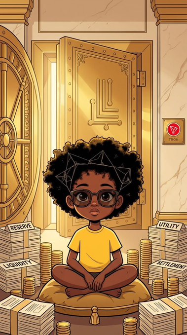 A digital illustration of a young child with curly hair and glasses sitting cross-legged on a cushion, surrounded by stacks of gold coins and paper currency labeled 'RESERVE', 'LIQUIDITY', 'SETTLEMENT', and 'UTILITY', with a large gold vault door in the background.