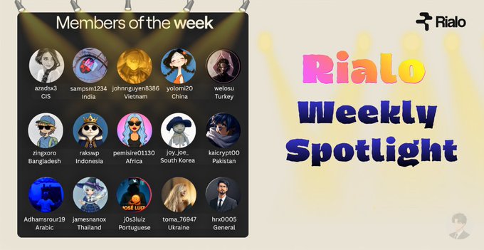 A 'Rialo Weekly Spotlight' graphic showcases twelve profile pictures of members of the week along with their usernames and countries.