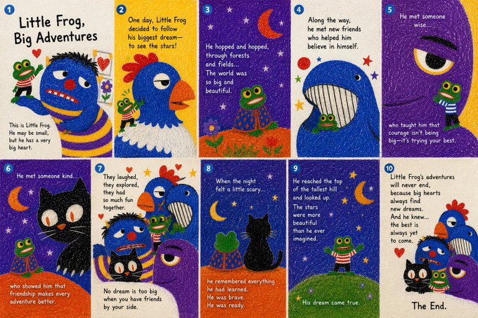 A colorful children's book illustration titled 'Little Frog, Big Adventures' showing a 10-panel comic where a small frog befriends a monster, bird, and cat to follow his dreams and overcome fears.