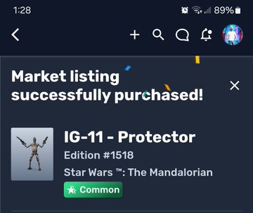 The image shows an email or text message from someone named "The Mandalorian" with a postcard attached, which has a picture of a robot character. The postcard reads: "Picked up two of IG11 in the aftermarket managed to get a cool mint number it' s 151 and it's the day and year the Force Awakens movie came out #veve". This message seems to be related to the movie "The Mandalorian" as it mentions that someone has purchased two copies of the movie.