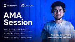 A promotional graphic for an AMA Session featuring Yaroslav Dvornichenko, Head of Ecosystem at Whitechain, discussing digital tools and crypto technologies with ChainGPT.