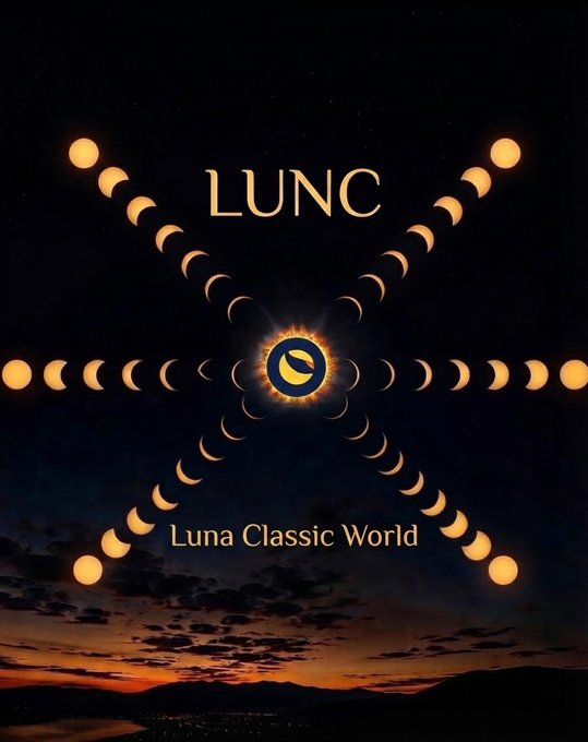 A graphic shows a solar eclipse at the center of an X-shaped arrangement of lunar phases, with the text 'LUNC' above and 'Luna Classic World' below.