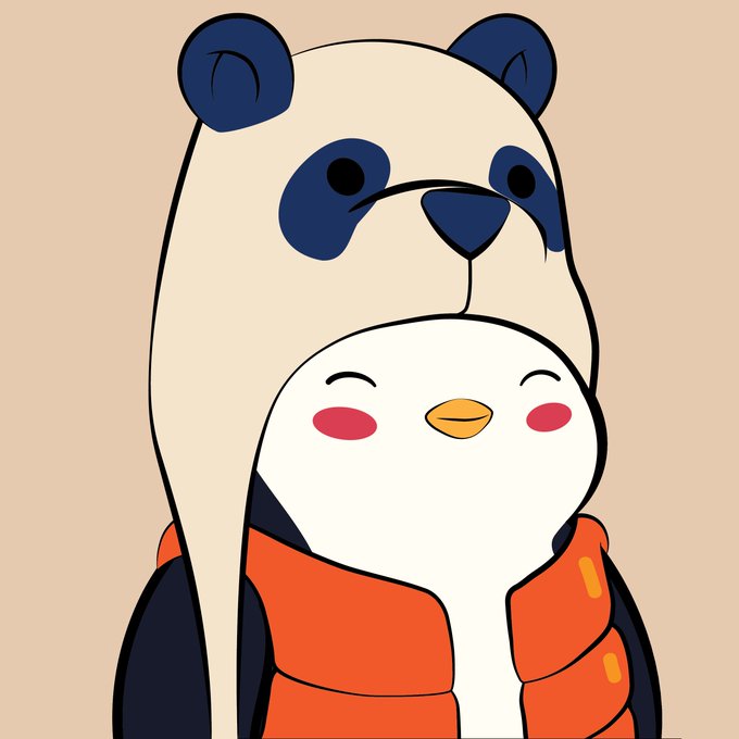 A cartoon illustration of a panda wearing an orange life vest, holding a small white bird-like character with a yellow beak and pink cheeks.
