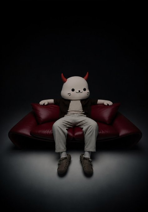 A surreal figure with a cartoonish cat head featuring red horns, dressed in a black shirt and grey pants, sitting on a red leather couch in a dark room.