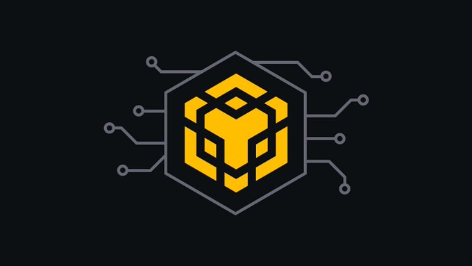A yellow geometric cube logo resembling BNB (Binance Coin) inside a hexagon with circuit-like lines on a dark background.