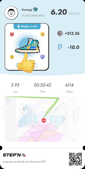 STEP'N app screenshot showing a Walker Lv24 sneaker NFT, walking stats (3.95 km, 6114 steps), and earnings of +313.26 GST with a 6.20 GST/Min rate.