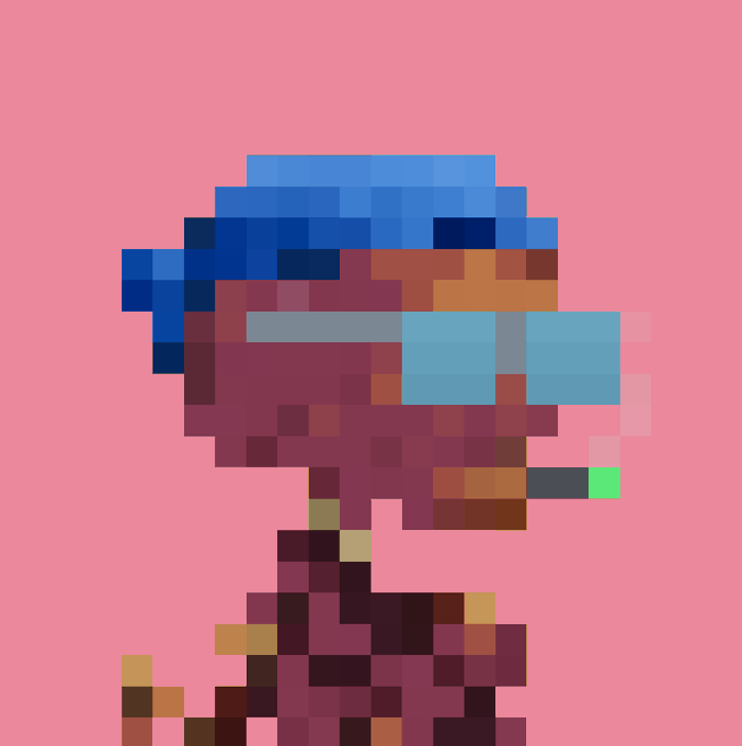 A pixel art style image of a character with dark purple skin, a blue hat, and large blue sunglasses set against a pink background.