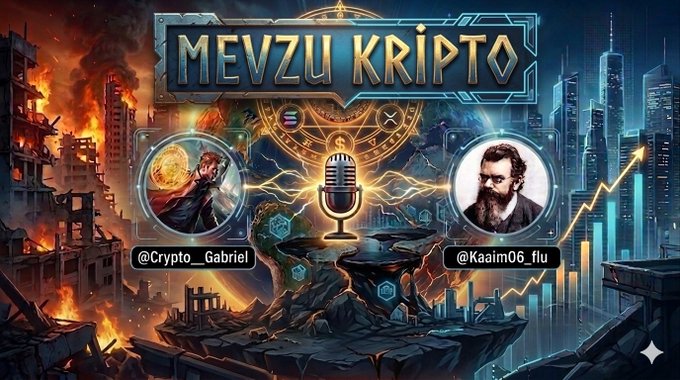 A thumbnail graphic for a podcast or video called 'MEVZU KRİPTO' featuring two hosts, @Crypto_Gabriel and @Kaaim06_flu, surrounded by apocalyptic and futuristic imagery.