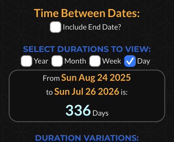 A dark calculator interface titled 'Time Between Dates:' showing 'From Sun Aug 24 2025 to Sun Jul 26 2026 is: 336 Days' with 'Day' duration selected.