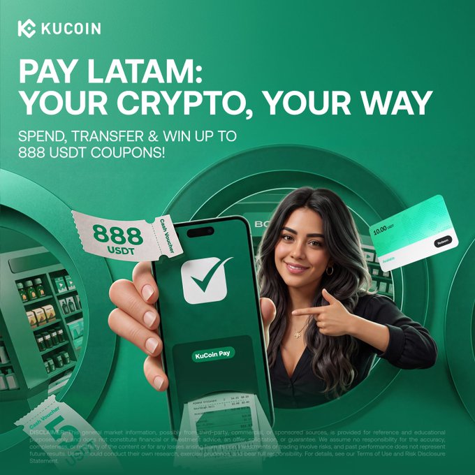 A KuCoin promotional ad featuring a smiling woman holding a smartphone displaying the KuCoin Pay app with a checkmark, alongside 888 USDT and 1000 USDT coupon graphics, supporting the "PAY LATAM: Your Crypto, Your Way" campaign offering cash coupons for QR scan payments in Brazil/Argentina/Peru and SPEI Express transfers in Mexico.