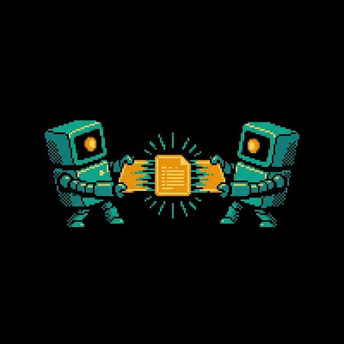 Pixel art illustration of two teal robots exchanging a glowing document on a black background.
