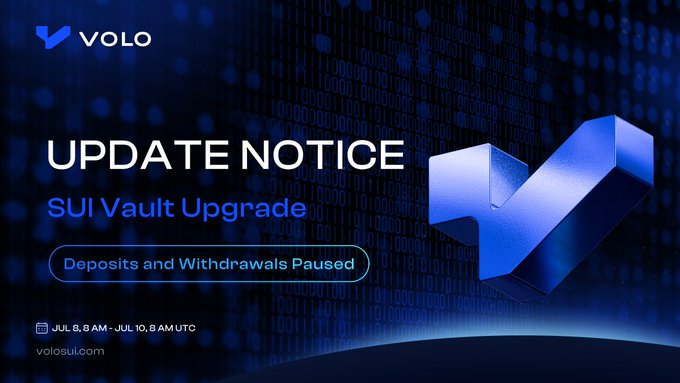 The image is a "VOLO Update Notice" banner announcing a "SUI Vault Upgrade," with deposits and withdrawals paused from July 8, 8 AM to July 10, 8 AM UTC. It visually reinforces the accompanying post's message that the vault will be temporarily unavailable for transactions during the migration window while ensuring user funds remain secure.