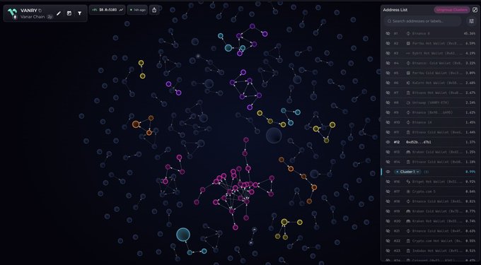 A Vanry Value Chain Map visualization displaying a network graph of interconnected token nodes alongside an Address List ranking tokens like Binance, Fartcoin, and Eigenpie by percentage.