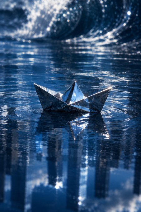 Digital artwork showing a metallic origami-style paper boat floating on shimmering dark blue water with reflections.