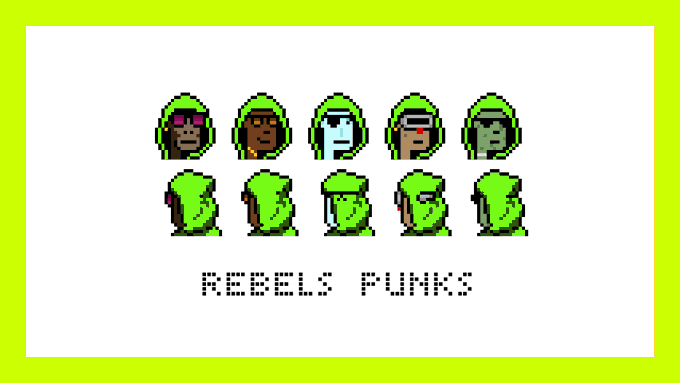 Pixel-art collection titled 'REBELS PUNKS' showing 10 characters in green hooded outfits with sunglasses.