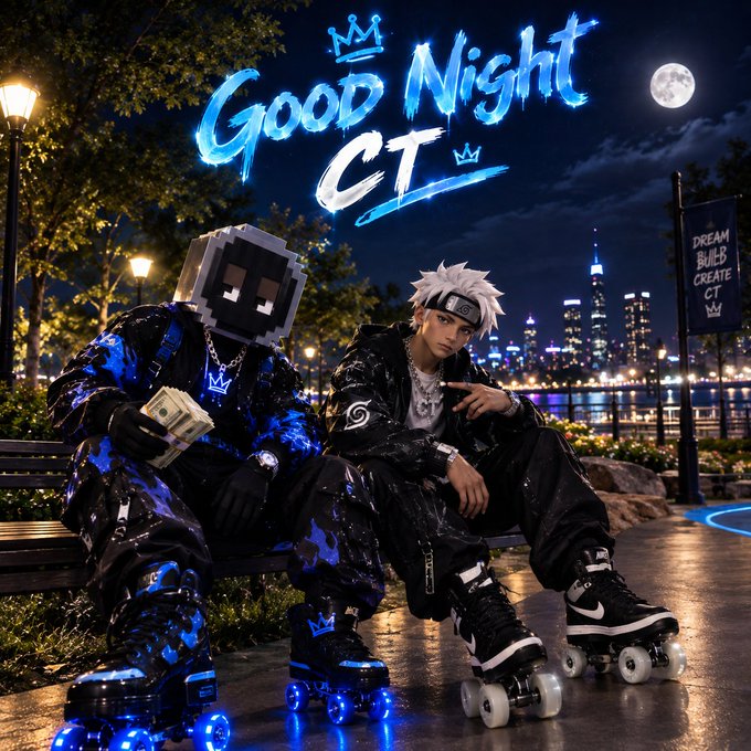 A digital artwork with the text 'Good Night CT' featuring two stylized characters on roller skates against a nighttime cityscape with a full moon.