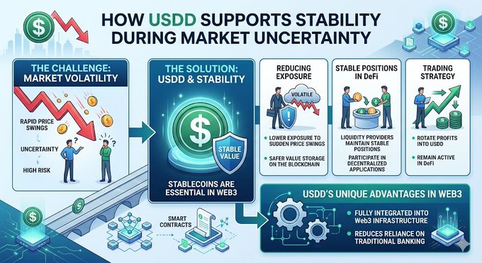 "How does USDC support stability during market uncertainty?" The image features a visual representation of the concept behind stablecoins - a blue circle holding gold coins, symbolizing their value and stability. Below this central figure, there's information about how stablecoins help users during uncertain times in the crypto markets by offering a safe place to store value without being affected by market fluctuations.