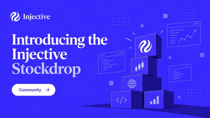 A blue promotional banner for Injective introducing the "Injective Stockdrop" with a Community button and an illustration of stacked cubes featuring code, charts, and data icons.