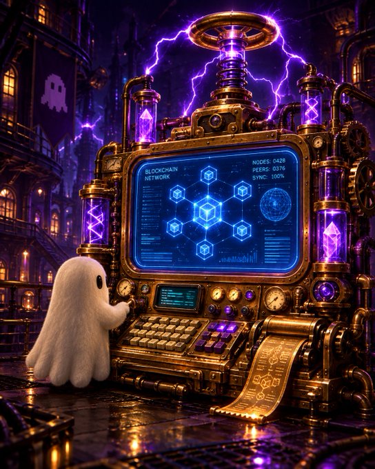 A fantasy-style illustration of a small white ghost interacting with an elaborate steampunk machine featuring purple glowing elements, a blockchain network display, and a keyboard.
