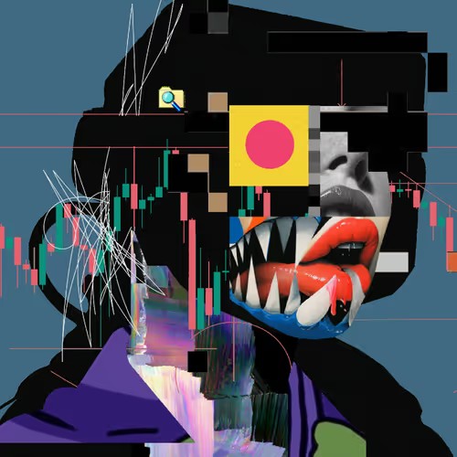 The image features a face with multiple colors, including shades of purple and black, along with various symbols like dollar signs and stock market graphs. The background appears to be a dark blue hue that complements the overall aesthetic. In the top left corner, there is a description of an art piece or digital composition by the artist R3ORDR (#4396) which has been up for sale on a cryptocurrency exchange. The artwork's price is listed as 0.043 ETH, which equates to approximately 73 cents based on average market prices at that time. This unique art piece has caught the attention of those who appreciate digital art or are interested in investing in cryptocurrencies.