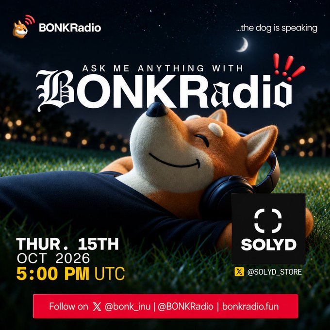 Promotional graphic for a 'BONKRadio' 'Ask Me Anything' event scheduled for Thursday, October 15th, 2026 at 5:00 PM UTC, featuring the tagline '...the dog is speaking.' It displays a cartoon Shiba Inu wearing headphones and lying in a grassy field at night, with partnership logos for 'SOLYD' (@SOLYD_STORE) and social handles for @bonk_inu, @BONKRadio, and the website bonkradio.fun.