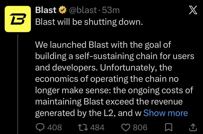 A screenshot of a tweet from Blast (@blast) announcing that Blast is shutting down due to unsustainable operating economics.