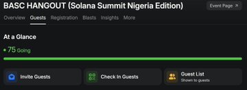 A Luma event page titled 'BASC HANGOUT (Solana Summit Nigeria Edition)' by Sela with 75 going, showing event management options like Invite Guests, Check in Guests, and Guest List.