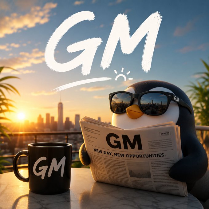 A 3D-rendered penguin wearing sunglasses reads a newspaper with 'GM' on the front, sitting at a table next to a black 'GM' mug against a sunset city skyline with large 'GM' text in the sky.