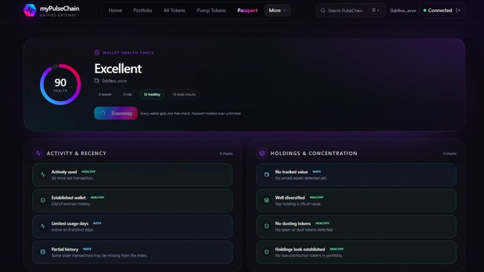 A dark-themed dashboard screenshot from myPulseChain displaying a "Wallet Health Check" score of 90 ("Excellent") for wallet 0x60ea...ecce, with breakdown sections for "Activity & Recency" and "Holdings & Concentration." The interface promotes the free wallet health check tool at mypulsechain.com/wallet-health as mentioned in the accompanying post.