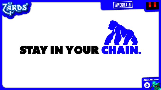 A graphic with a blue border features 'WIZARDS' and 'APECHAIN' logos, a blue gorilla silhouette, and the text 'STAY IN YOUR CHAIN.'