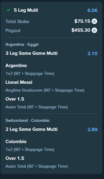 A sports betting slip showing a 5 Leg Multi with a total stake of $75.15 and potential payout of $455.30, including bets on Argentina vs Egypt (Argentina to win, Messi anytime goalscorer, Over 1.5) and Switzerland vs Colombia (Colombia to win, Over 1.5).